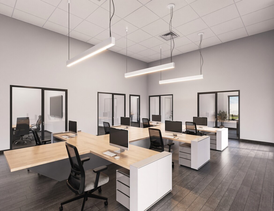 Rendering of the open workstation area with linear pendant lighting.