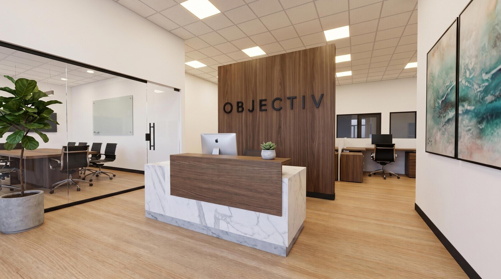 Rendering of the office reception with a walnut feature wall and marble-front desk.