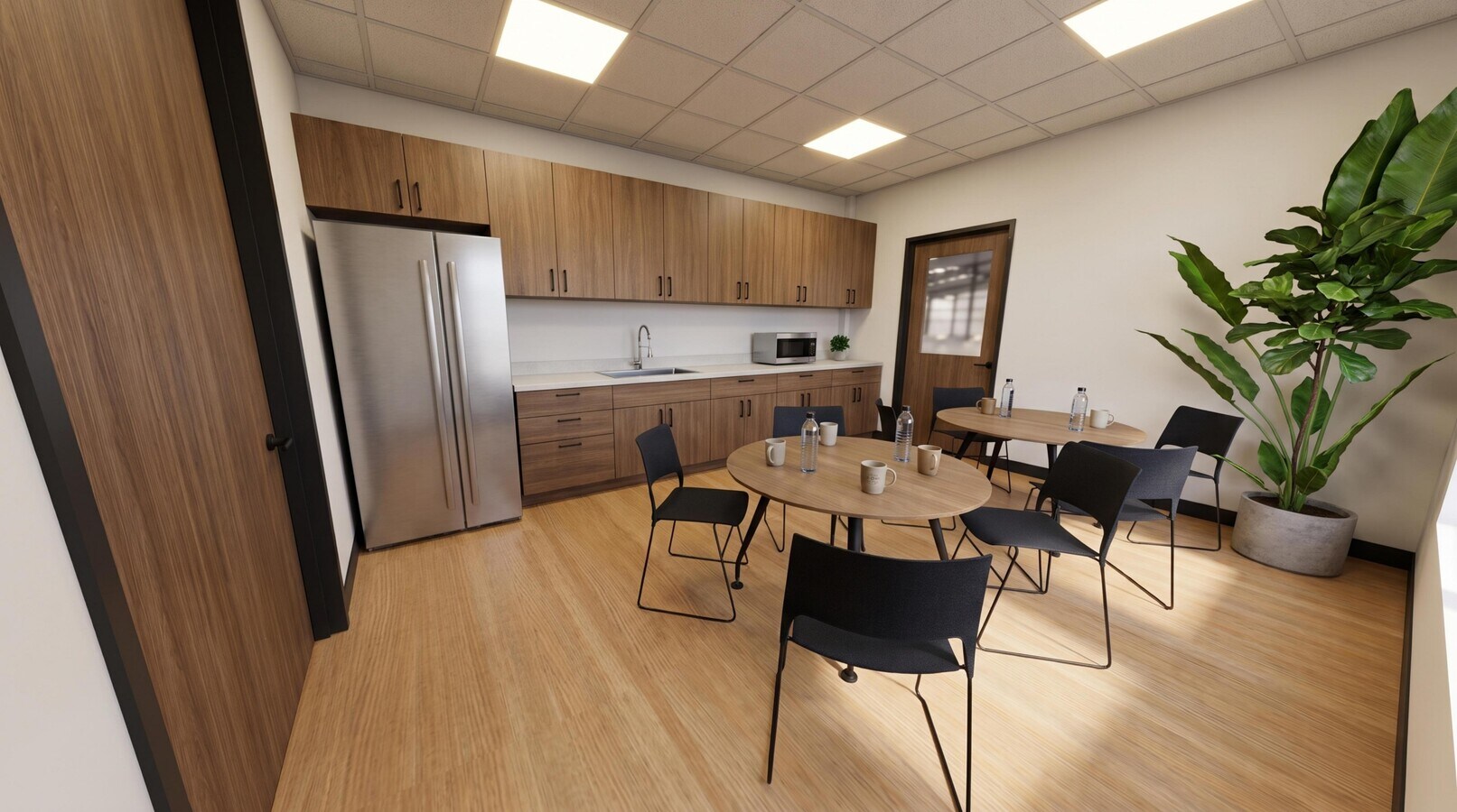 Rendering of the break room with walnut cabinetry and a communal table.